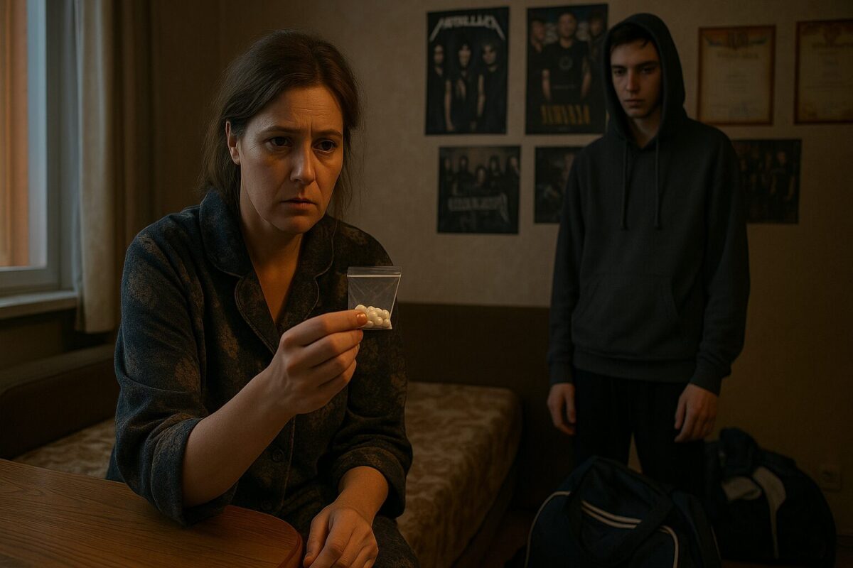 Мать сидит в комнате сына и держит в руках пакетик с таблетками, рядом стоит открытая спортивная сумка