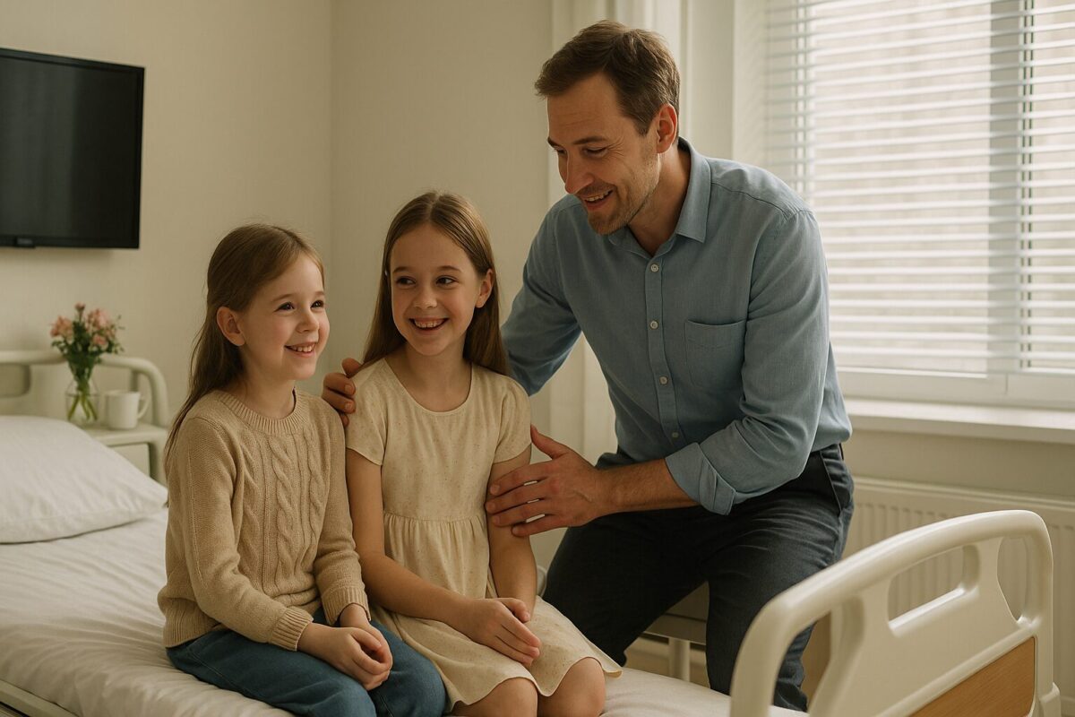 Отец и две девочки в больничной палате: момент надежды и тепла