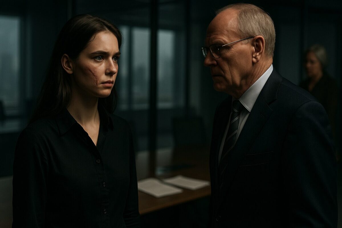 Молодая женщина с шрамом на лице противостоит мужчине в деловом костюме в переговорной комнате