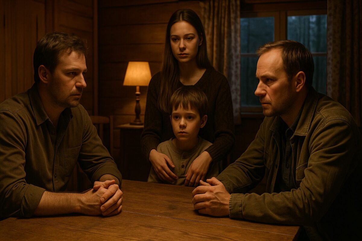 В деревенском доме собрались братья и Александра, на их лицах читается напряжение и ожидание правды