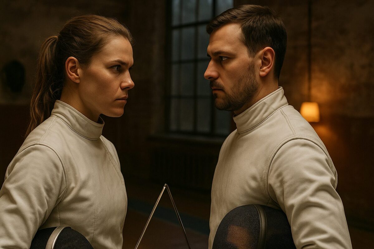 Фехтовальщица в момент решающей атаки на фоне освещённой дорожки спортивного зала