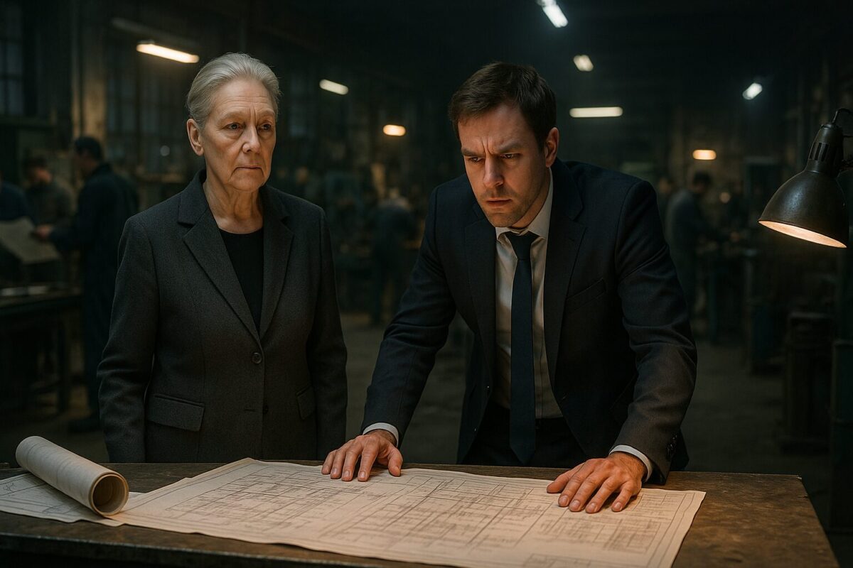 Опытный специалист изучает схемы в полутёмном цехе, пока руководство в панике ждёт решения проблемы