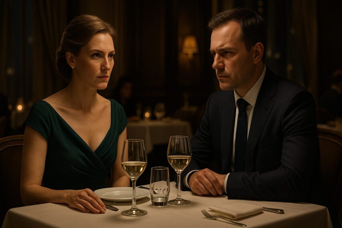 Оперная дива в вечернем платье и бизнесмен в ресторане, момент истины, судьба на перепутье