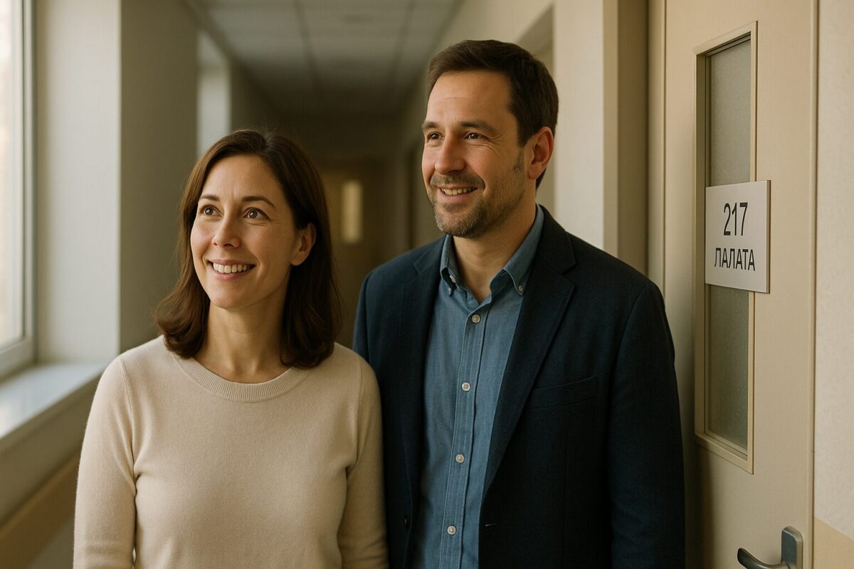 Врач и мать улыбаются у больничной палаты, за их спинами виден солнечный свет