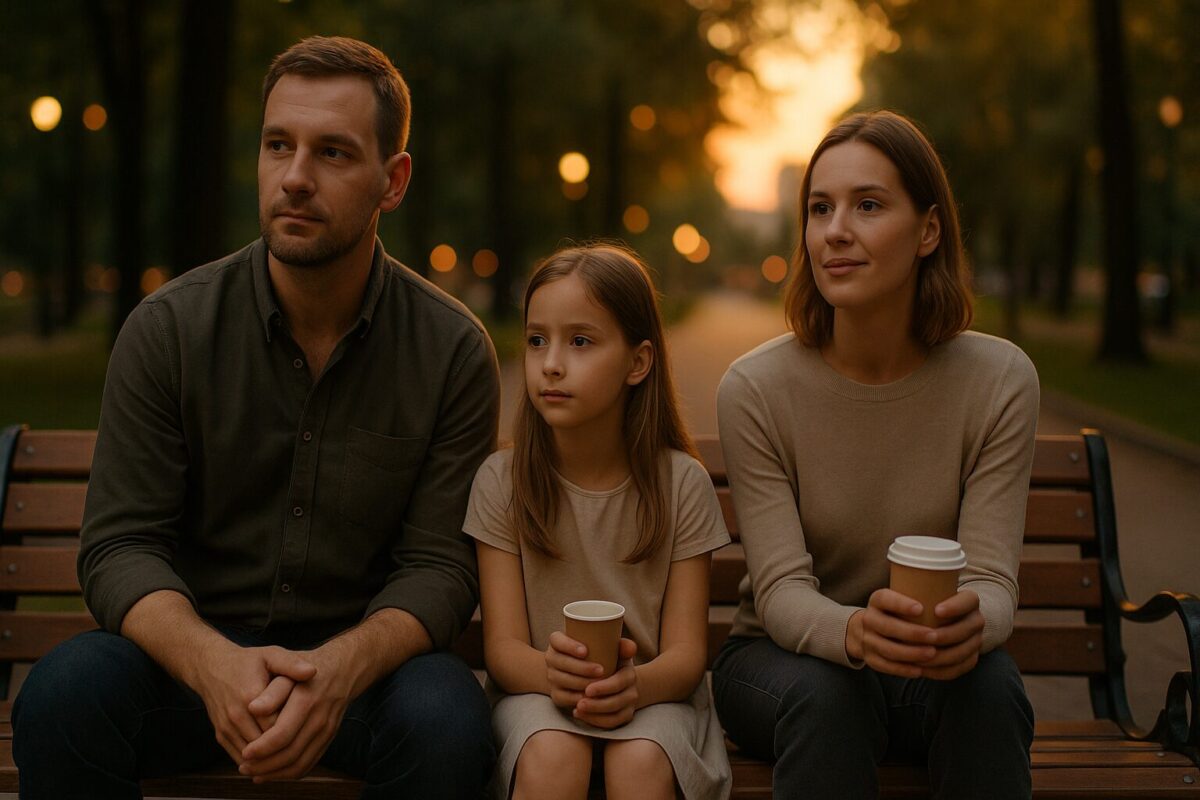 Спокойный вечер в парке: мужчина и женщина с девочкой наслаждаются моментом