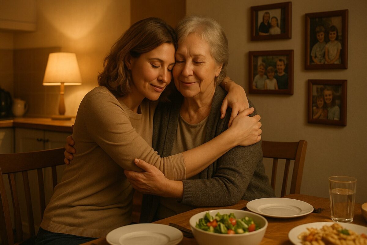 Эмоциональный момент воссоединения: дочь обнимает маму на праздничной кухне в кругу семьи