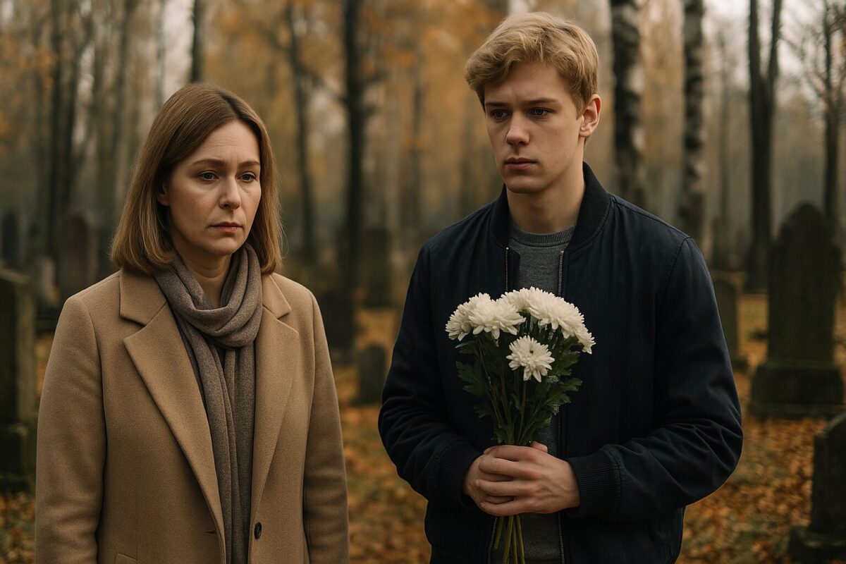 Эмоциональная встреча матери и сына на осеннем кладбище, оба погружены в тяжёлые воспоминания
