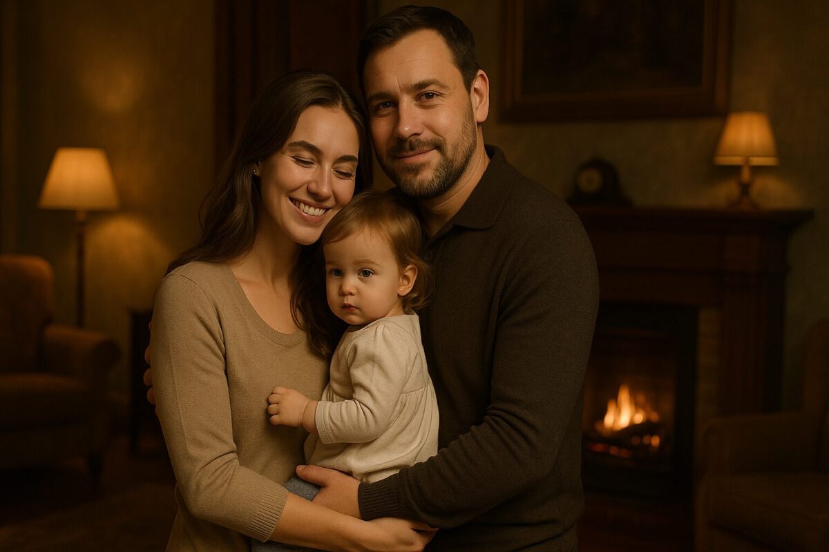 Счастливая семья: молодая женщина с ребенком на руках и мужчина в уютной гостиной