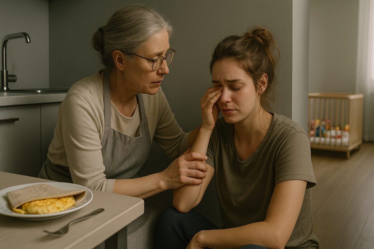 Свекровь утешает плачущую невестку на кухне, момент примирения двух женщин после долгой ссоры