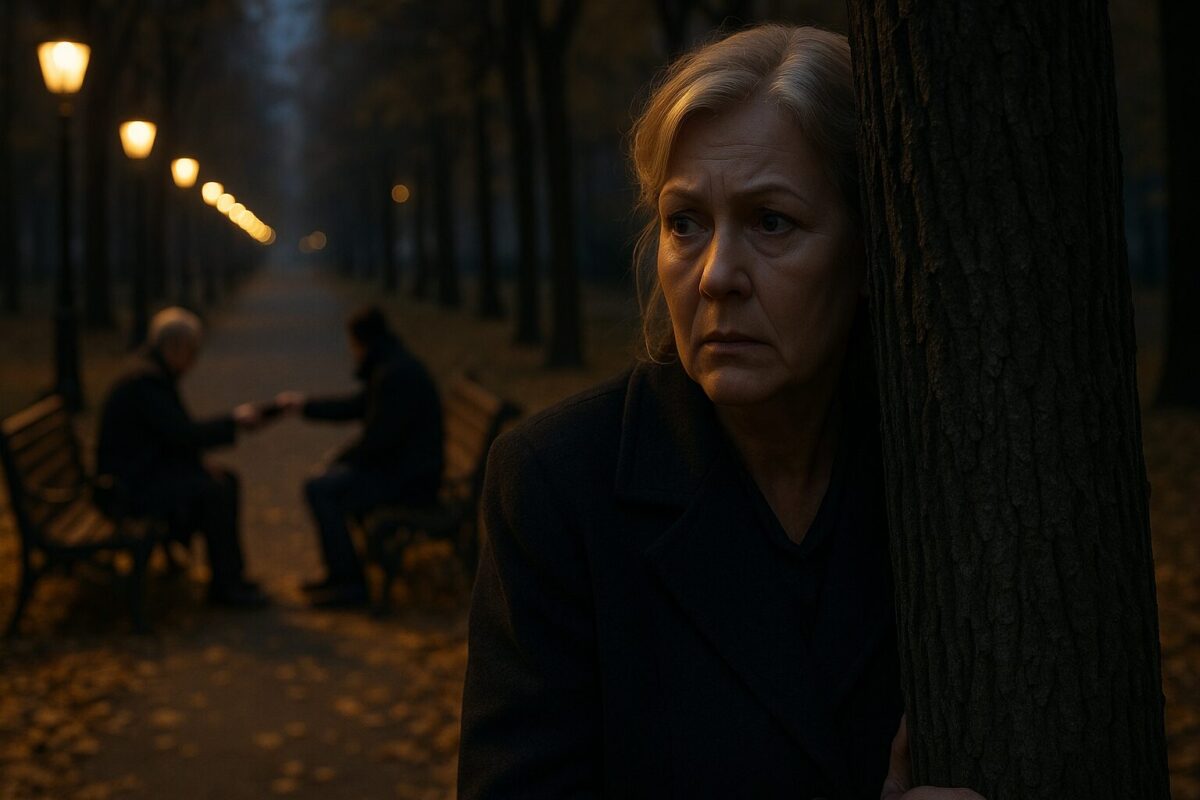 Женщина в пальто следит за мужем на осенней аллее, он сидит на скамейке с незнакомцем под фонарём