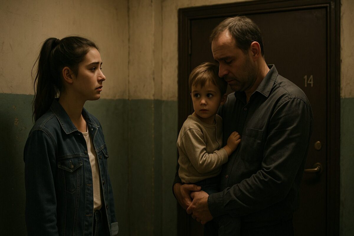 Мужчина с опущенной головой стоит у закрытой двери на лестничной площадке после тяжёлого разговора с дочерью