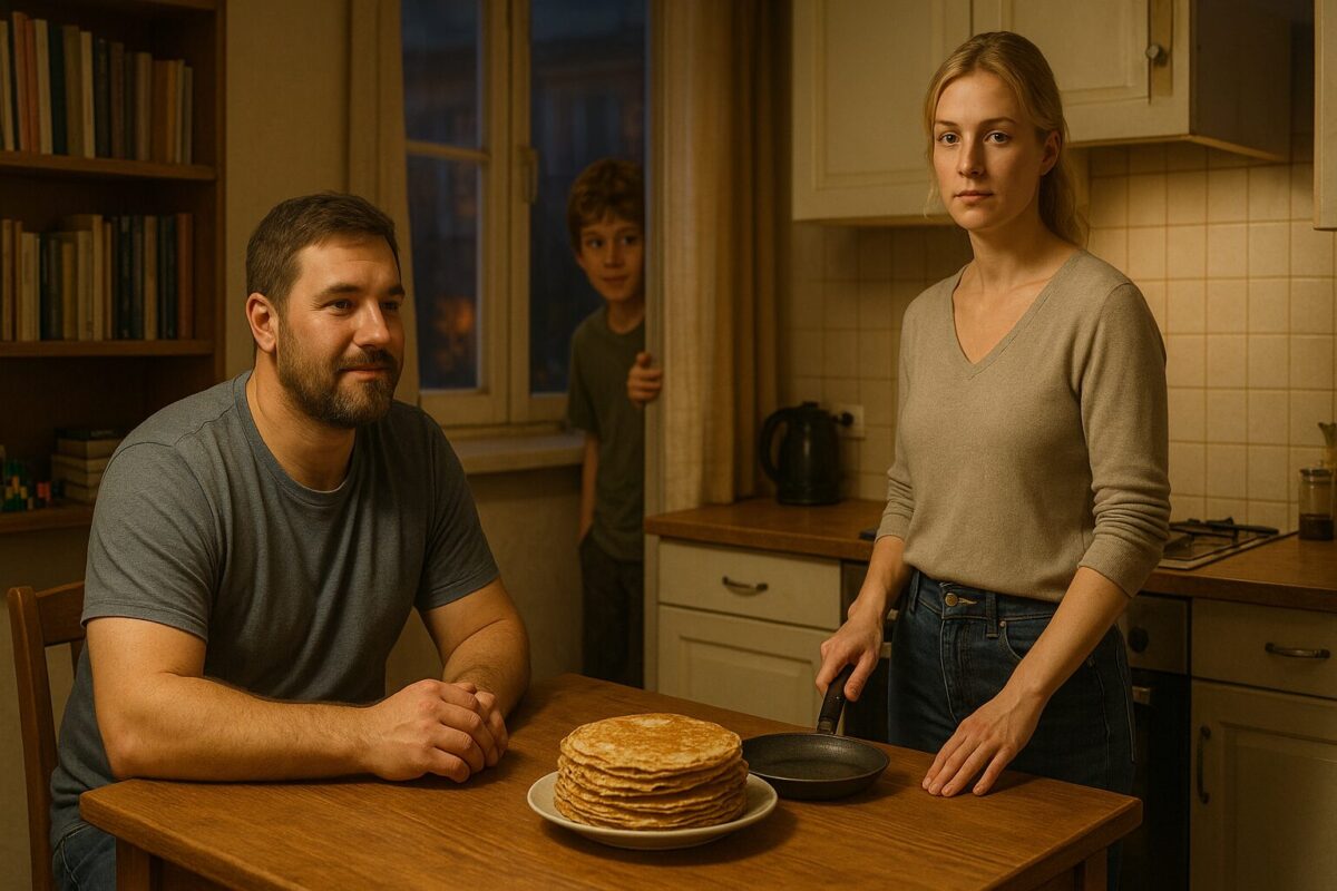 Женщина готовит блины на кухне, мужчина-столяр с теплотой смотрит на неё, мальчик выглядывает из-за двери