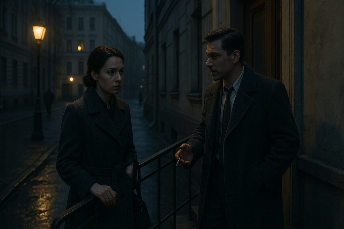 Мужчина и женщина разговаривают у подъезда на вечерней московской улице 1950-х годов, тусклый свет фонаря, тревожная атмосфера