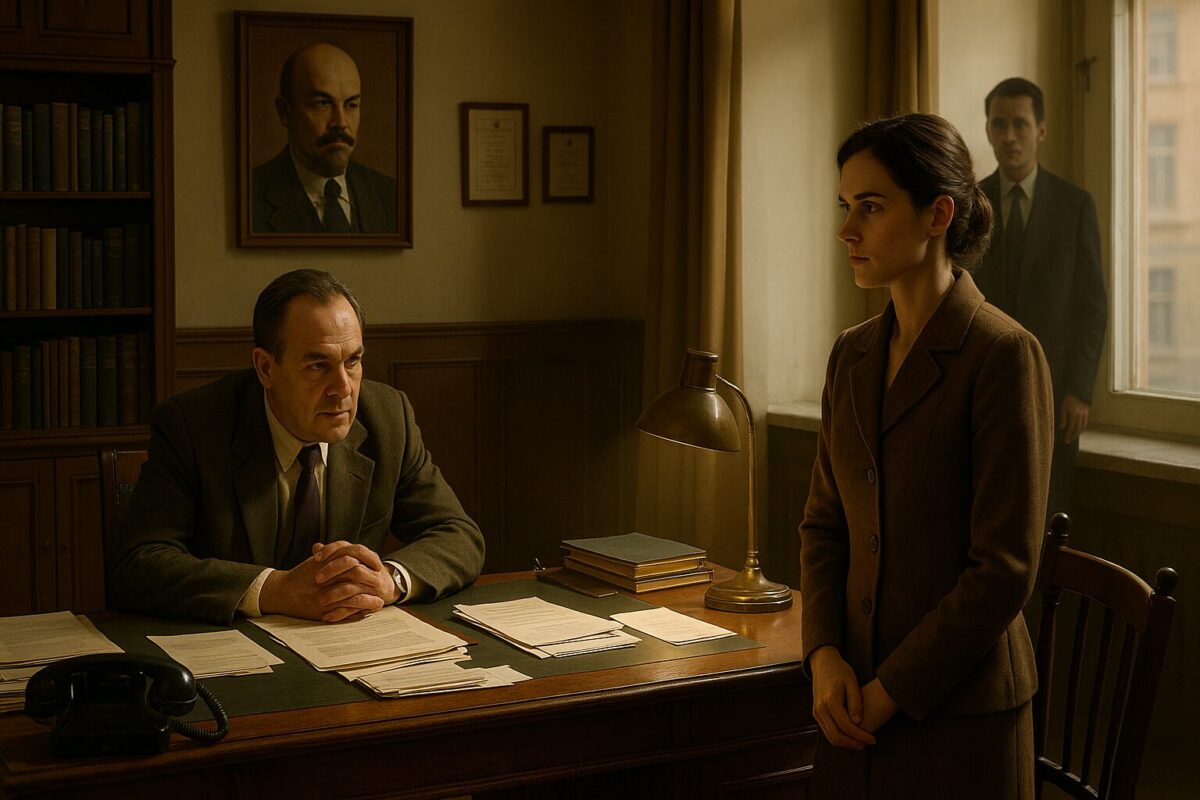 Женщина в кресле напротив мужчины за столом в советском кабинете, напряжённый разговор, апрельский свет из окна