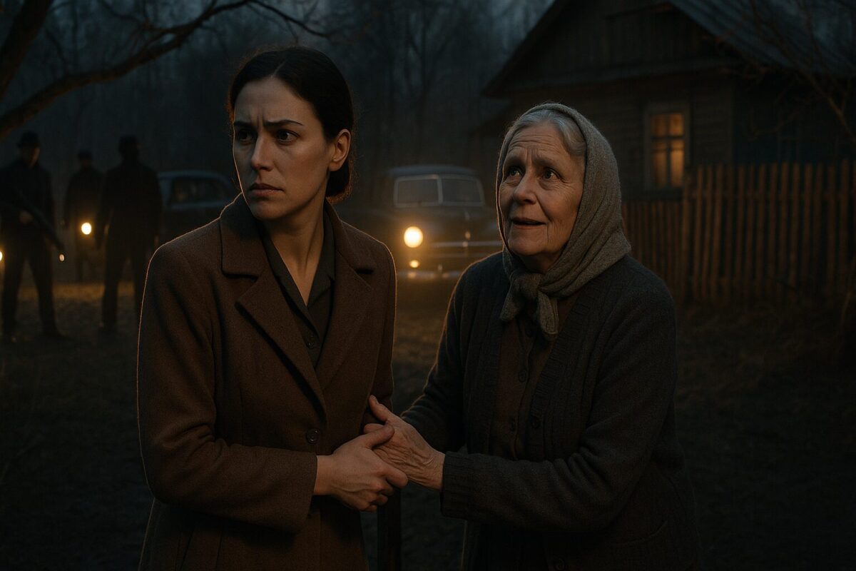 Двор дачи ночью, свет фар, две женщины в окружении людей в форме, напряжённая сцена ареста, апрель, советская эпоха