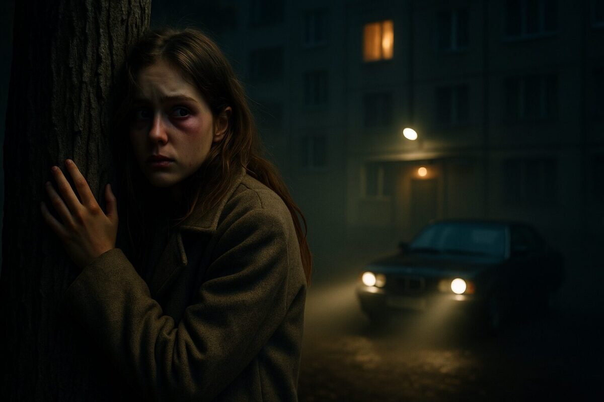 Подросток с синяками прячется во дворе 90-х, фары BMW освещают двор.