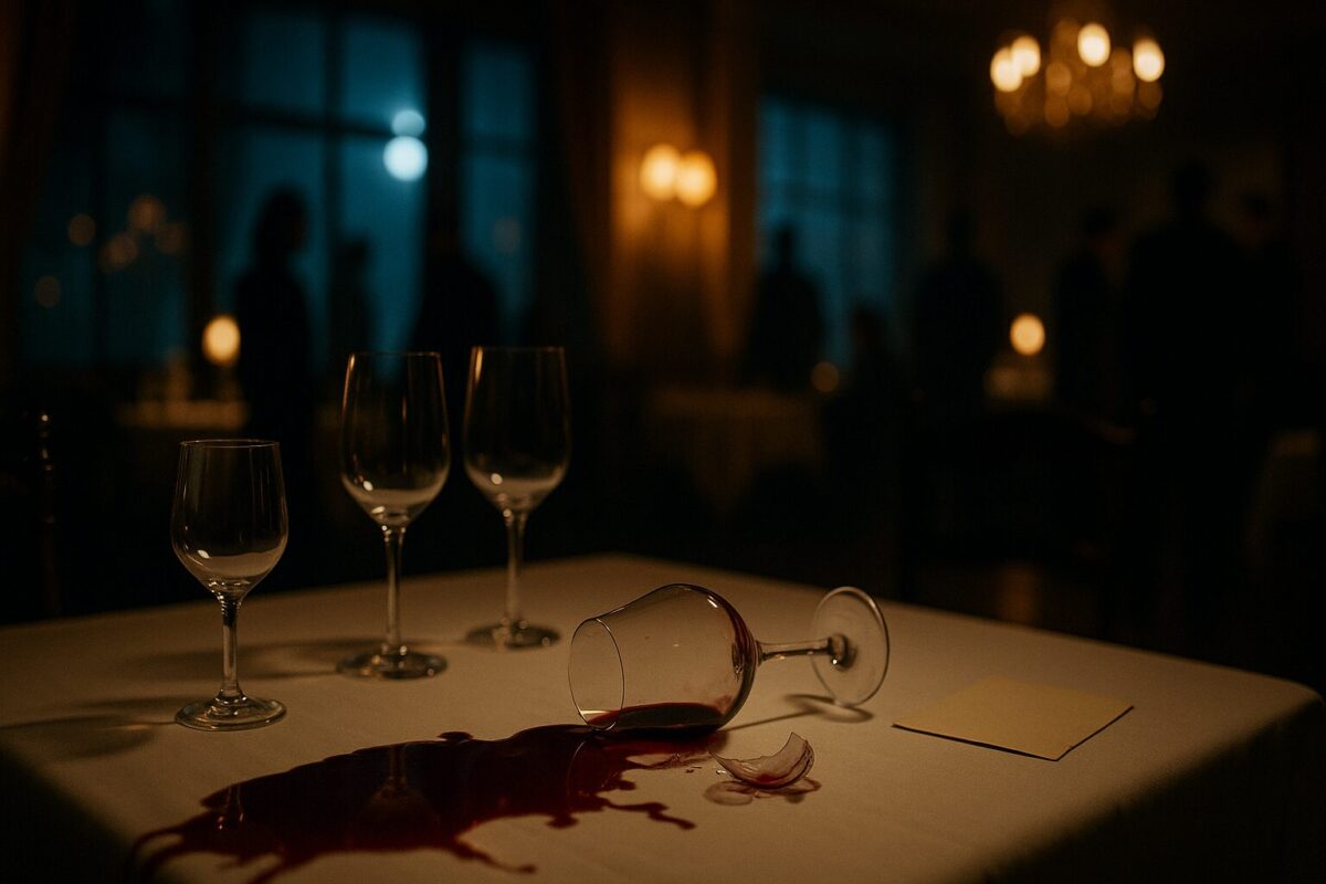 Разбитый бокал на белой скатерти в ресторане, пролитое вино, тревожное освещение, атмосфера таинственности