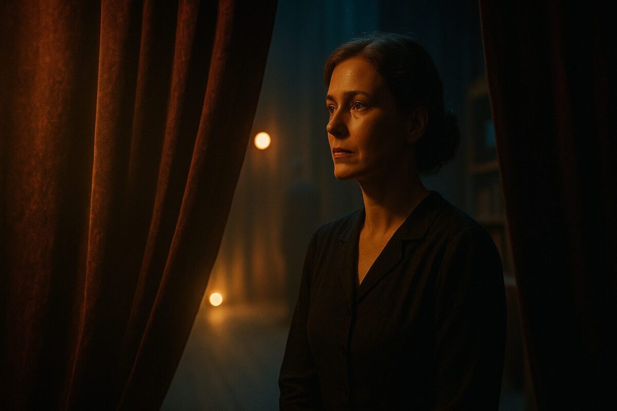 Женщина за кулисами советского театра в полумраке, луч света падает на её лицо, бархатный занавес