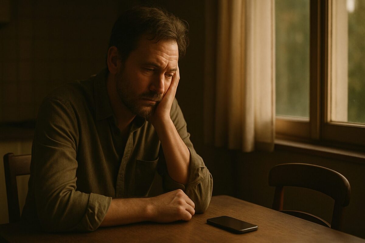 Одинокий мужчина средних лет сидит за кухонным столом с телефоном в руках. Из окна льётся вечерний свет, создавая атмосферу драмы и одиночества