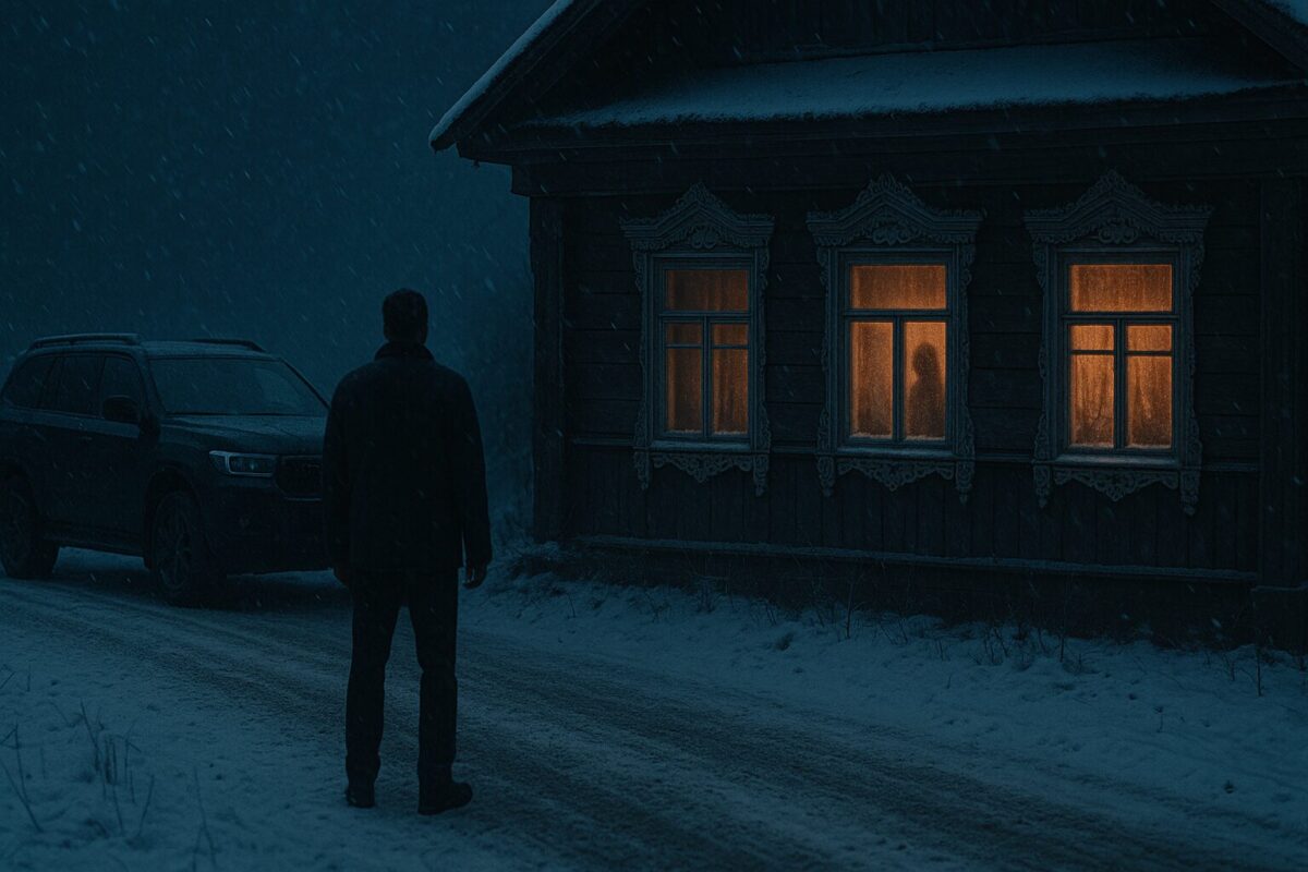 Зимняя деревня, бревенчатый дом с резными наличниками, чёрный внедорожник на дороге, напряжённая встреча во дворе под снегопадом