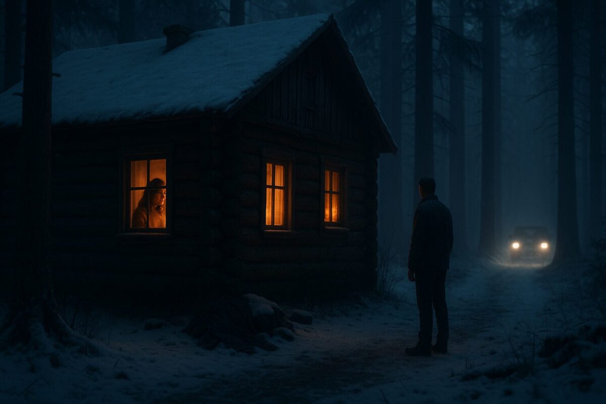 Одинокая заимка в зимнем лесу, тёплый свет в окнах, женский силуэт у окна, вдалеке приближаются фары машины