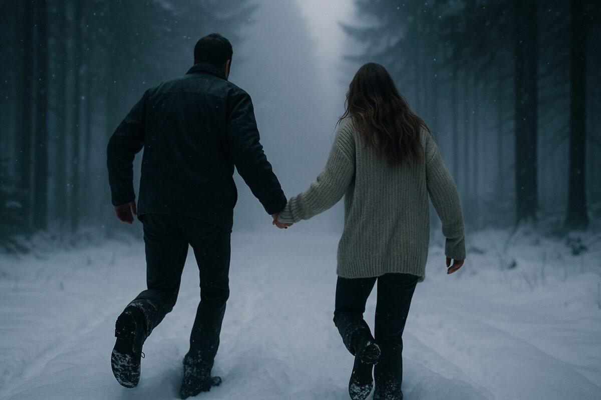 Мужчина и женщина бегут по заснеженному лесу на рассвете, спасаясь от преследователей среди тёмных елей