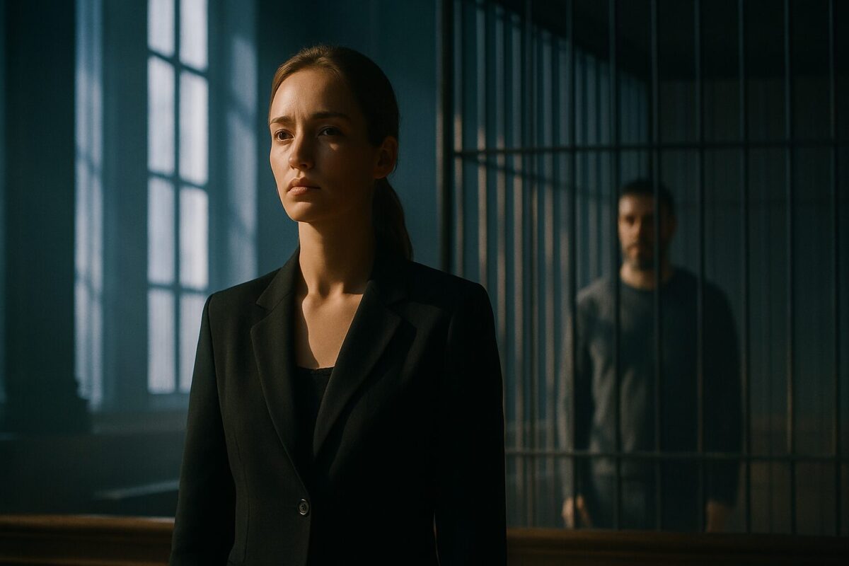 Женщина уверенно стоит в зале суда, в окна льётся зимний свет, за ней виднеется размытая фигура подсудимого в клетке