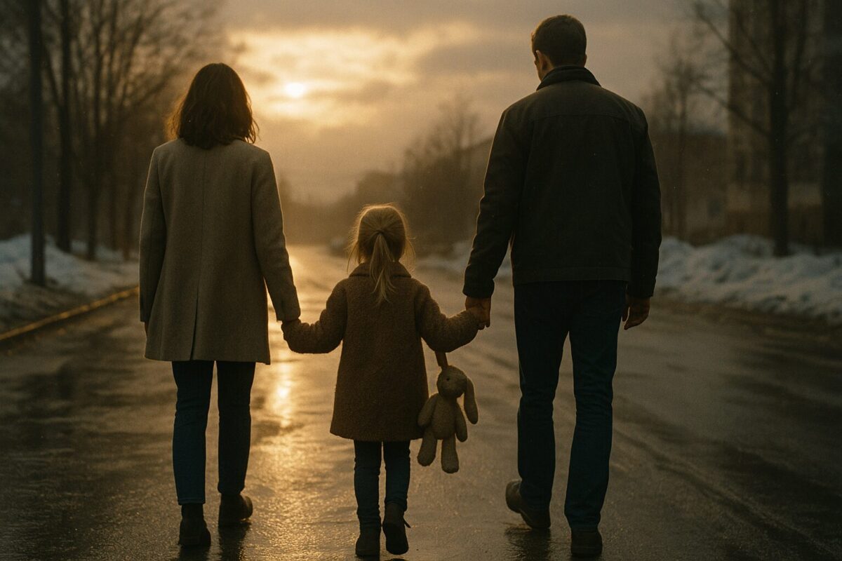 Пара с маленькой девочкой идёт по весенней улице. Тающий снег, тёплый свет сквозь облака, надежда на новую жизнь