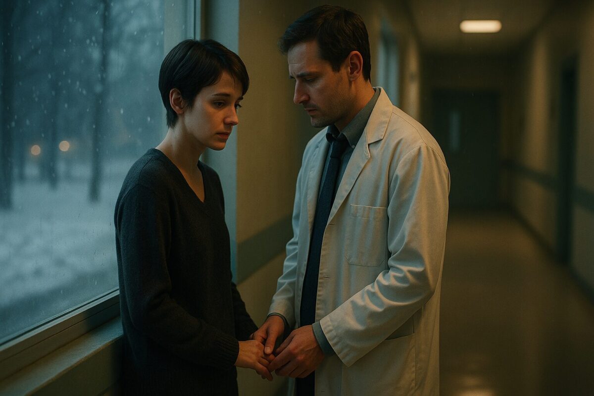 Мужчина-врач и хрупкая женщина в больничном коридоре, момент близости, зимний свет из окна