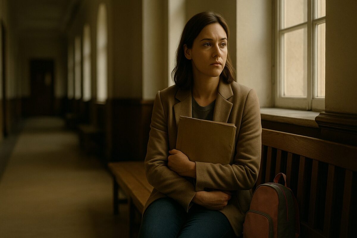 Уставшая женщина сидит на скамейке в коридоре суда, прижимая к груди папку с документами