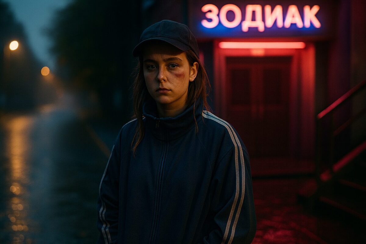 Подросток в кепке у неонового клуба 90-х, решимость после предательства.