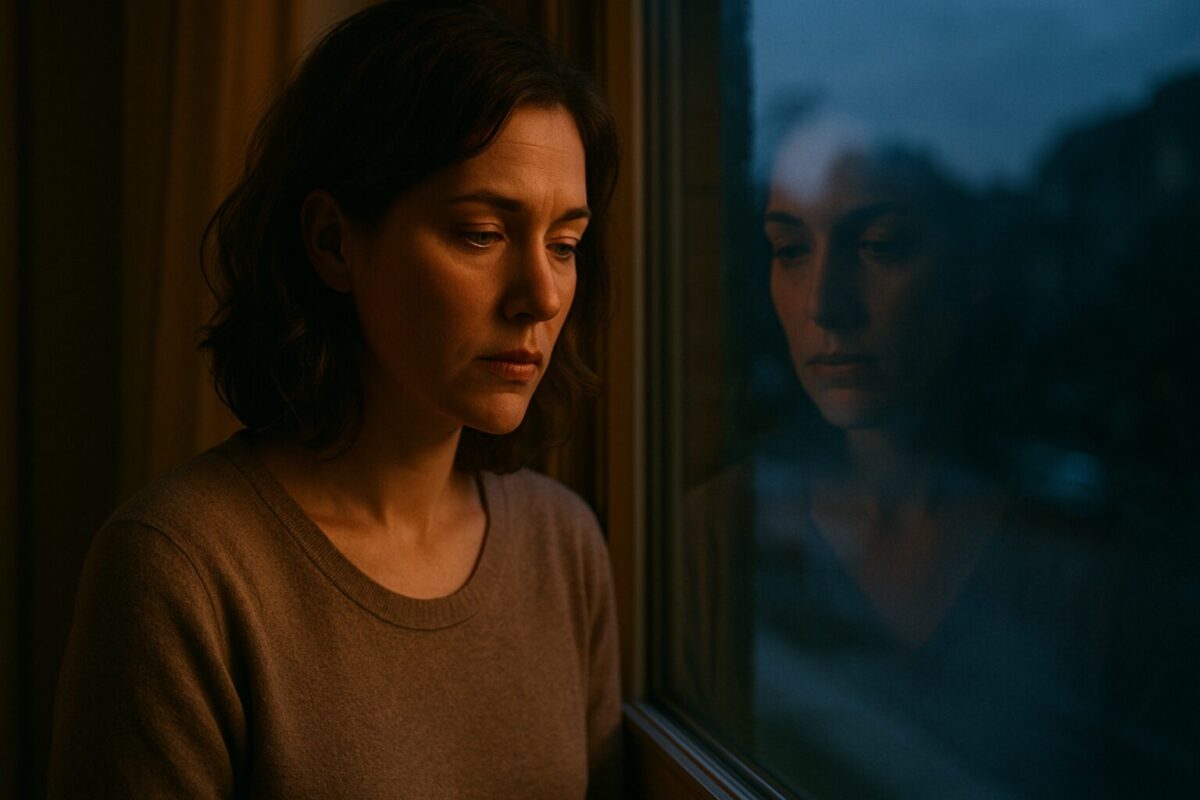 Одинокая женщина у окна смотрит на пустую улицу, грустный взгляд, вечерний свет