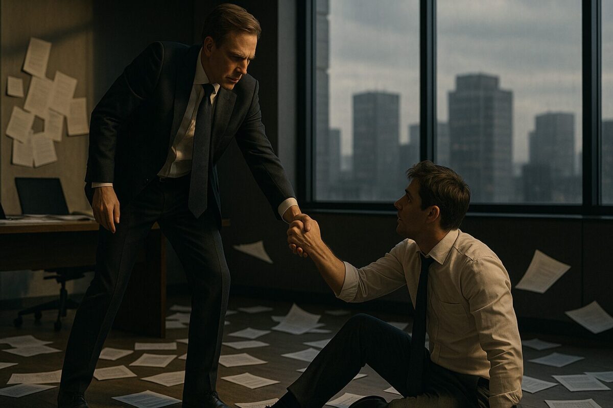 Бизнесмен в офисе протягивает руку другу среди разбросанных документов после конфликта