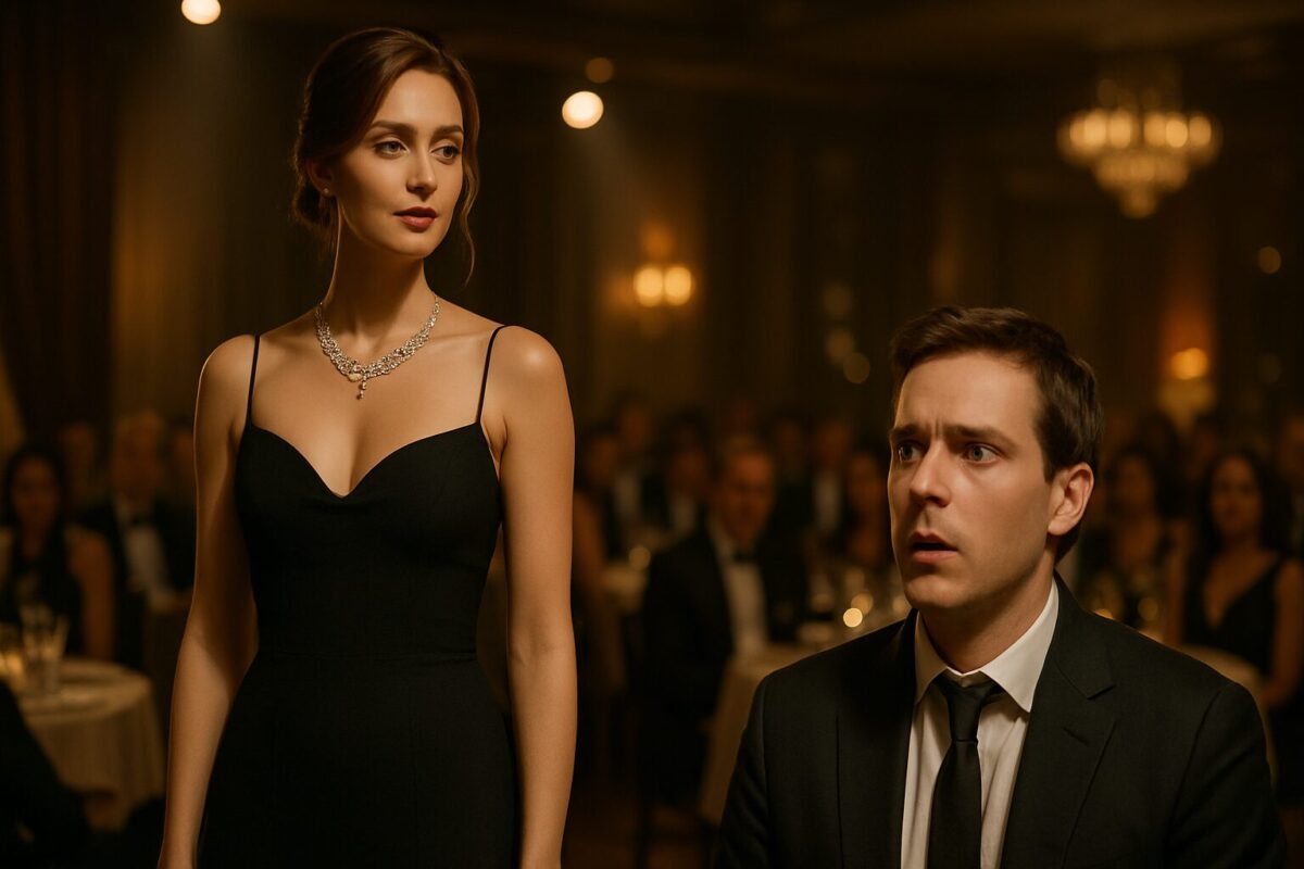 Элегантная женщина в вечернем платье на сцене во время корпоратива, мужчина в зале смотрит на неё с изумлением