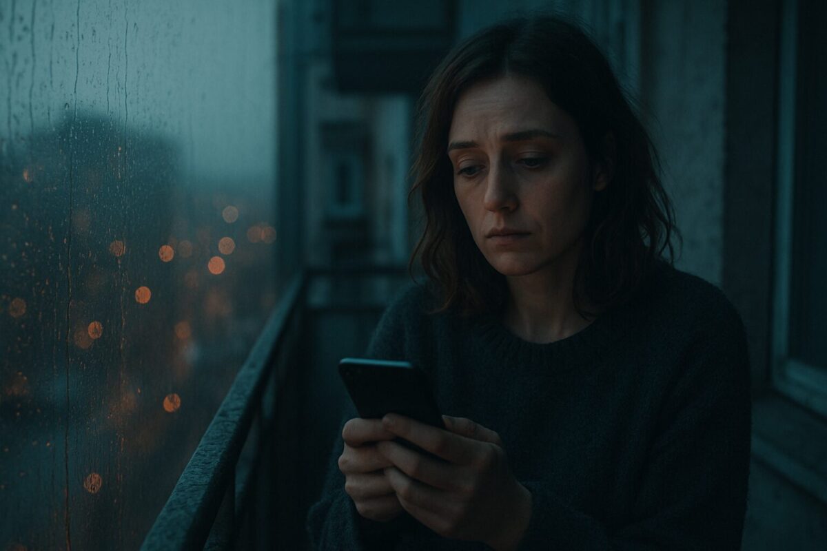 Обложка мелодрамы Не брошу — уставшая женщина на балконе осенним вечером смотрит на город