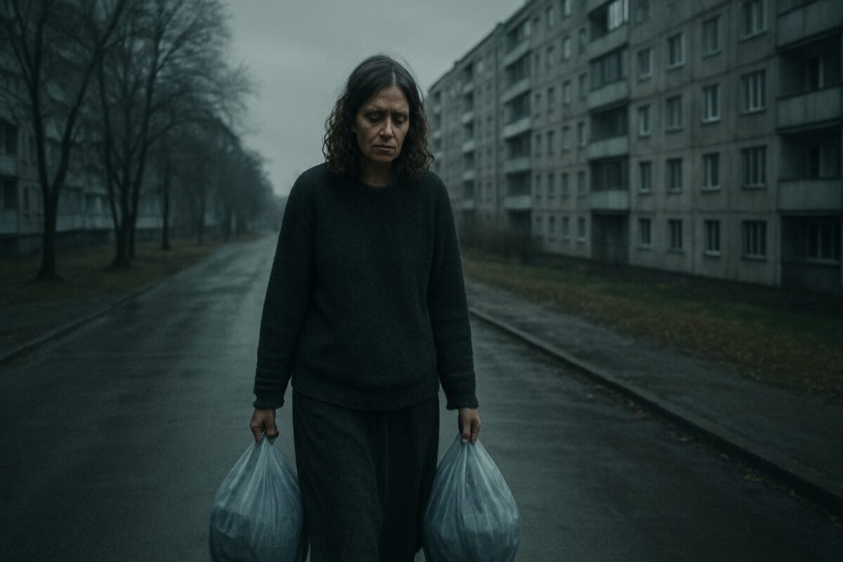 Глава 2 мелодрамы Не брошу — уставшая женщина с сумками идёт по серому спальному району