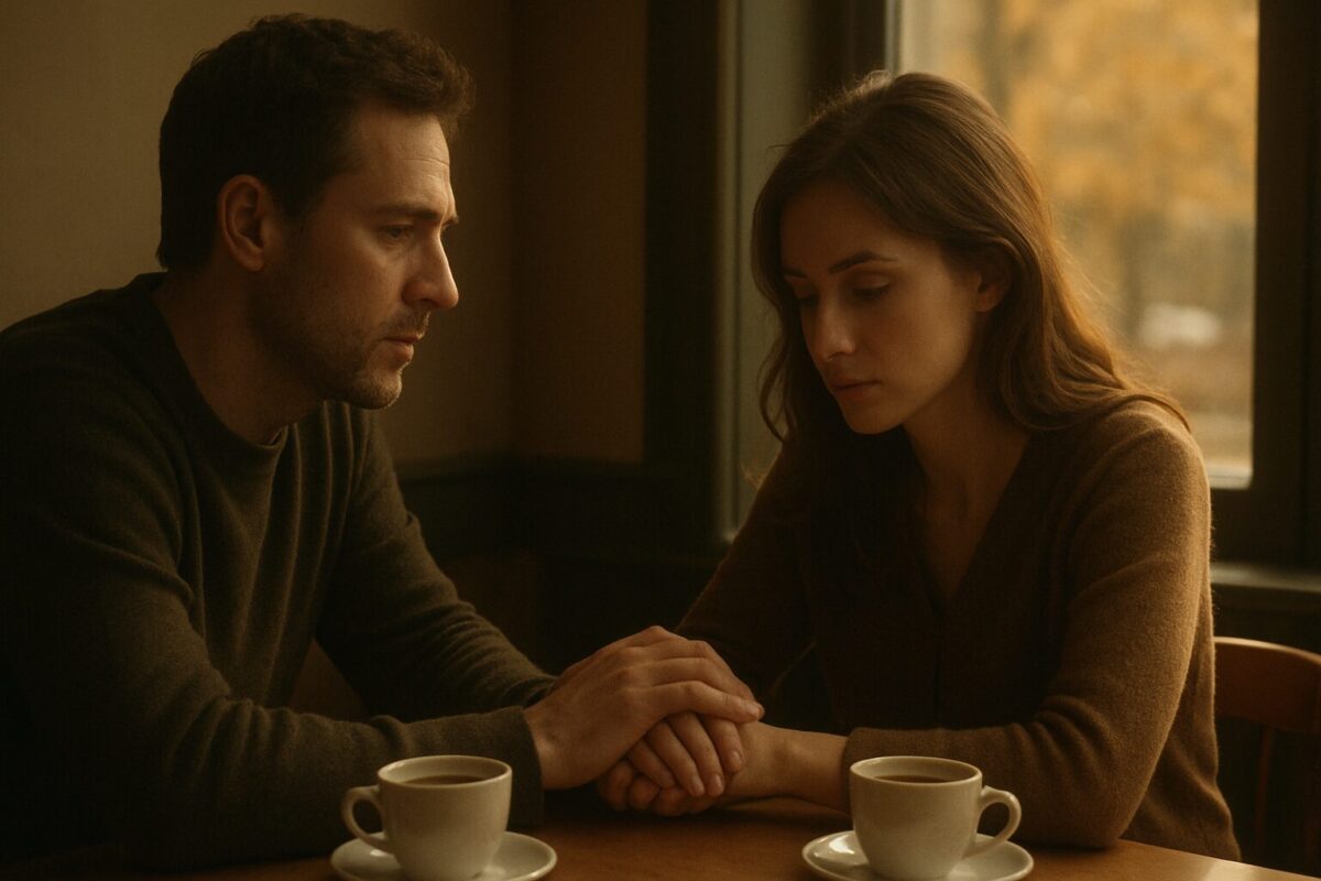 Глава 5 мелодрамы Не брошу — мужчина и женщина в кафе, его рука накрывает её ладонь