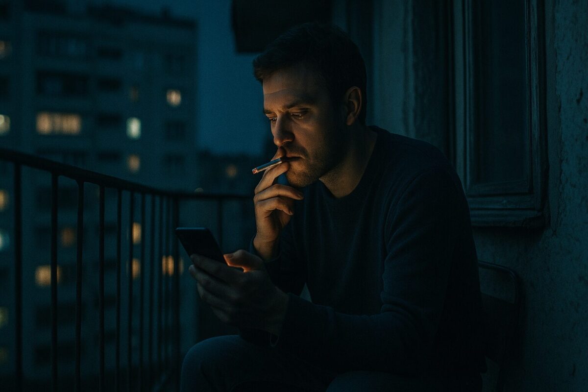 Глава 6 мелодрамы Не брошу — уставший мужчина курит на балконе ночью, смотрит в телефон