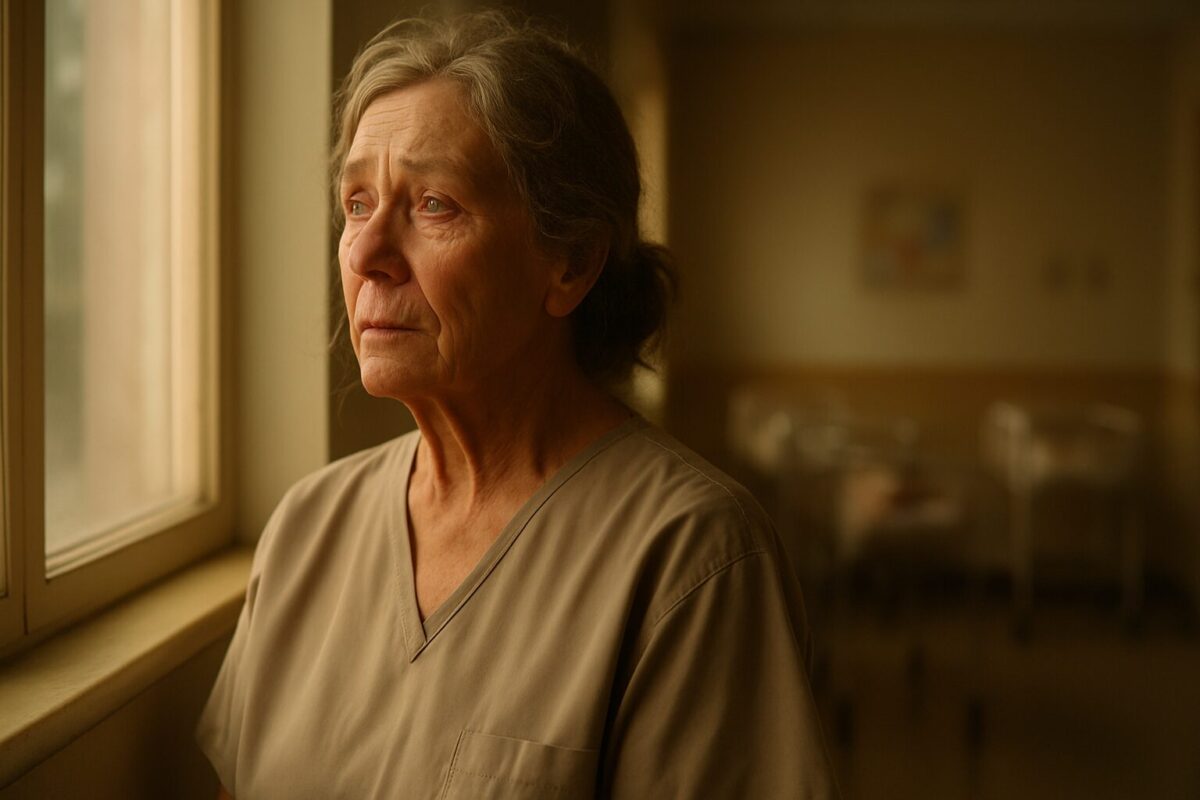 Пожилая санитарка в коридоре роддома со слезами на глазах вспоминает своё прошлое и брошенного сына