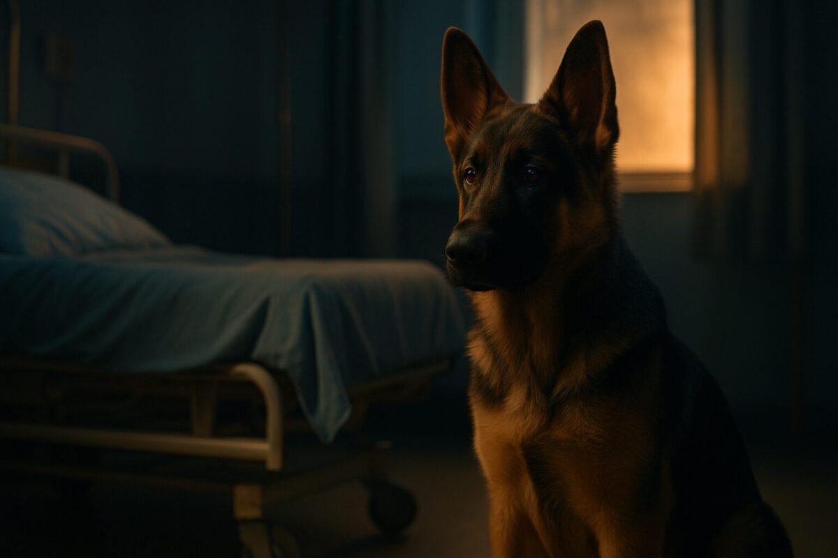 Щенок немецкой овчарки преданно сидит у больничной койки и охраняет своего хозяина