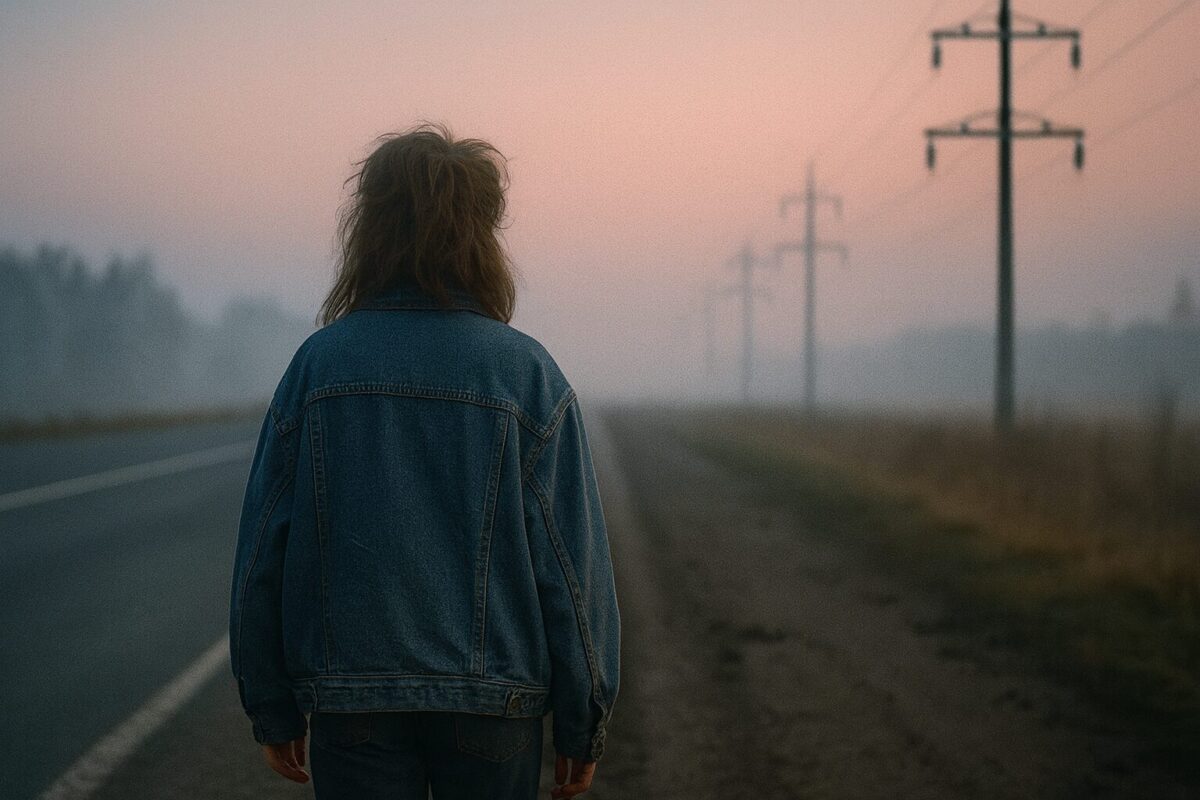 Одинокая девушка идёт по пустынной трассе на рассвете в большой мужской куртке, небо затянуто тучами