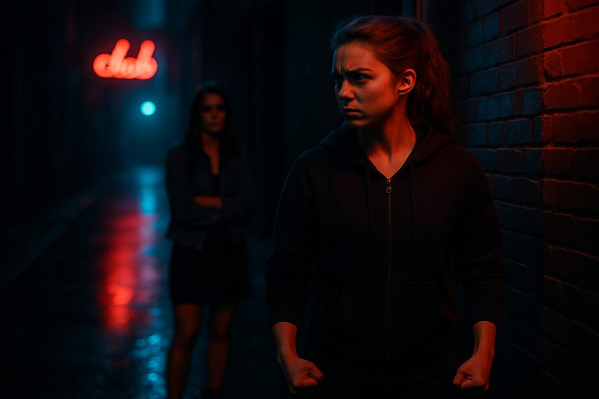 Девушка в тёмном переулке ночью противостоит бывшей подруге у кирпичной стены, освещение драматичное