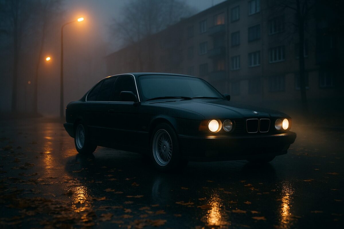 Чёрный BMW с тонированными стёклами едет по тёмному осеннему двору среди пятиэтажек