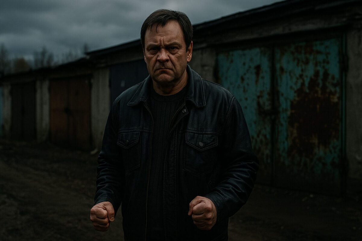 Мужчина в куртке стоит среди гаражей в сумерках, сжав кулаки. На его лице читаются боль и решимость