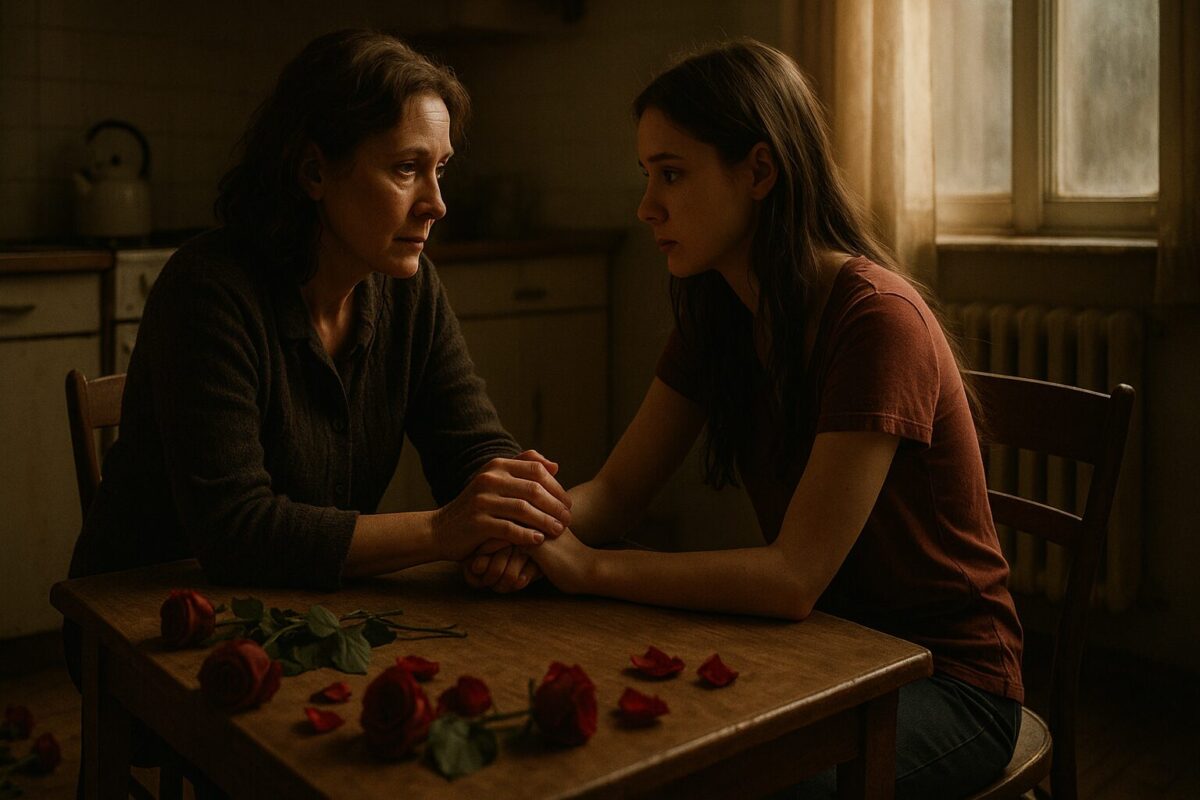 Мать и дочь за кухонным столом, эмоциональный разговор, на полу рассыпанные красные розы, вечерний свет