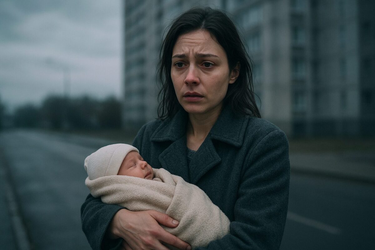 Молодая женщина с новорождённым ребёнком на руках одиноко стоит на улице у высотного дома