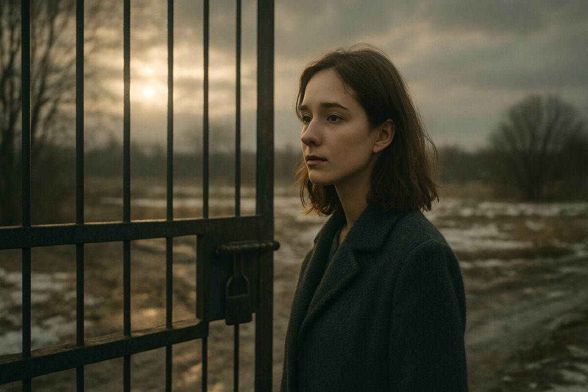 Молодая девушка стоит у тюремных ворот и весенним утром смотрит на свободу с надеждой и грустью