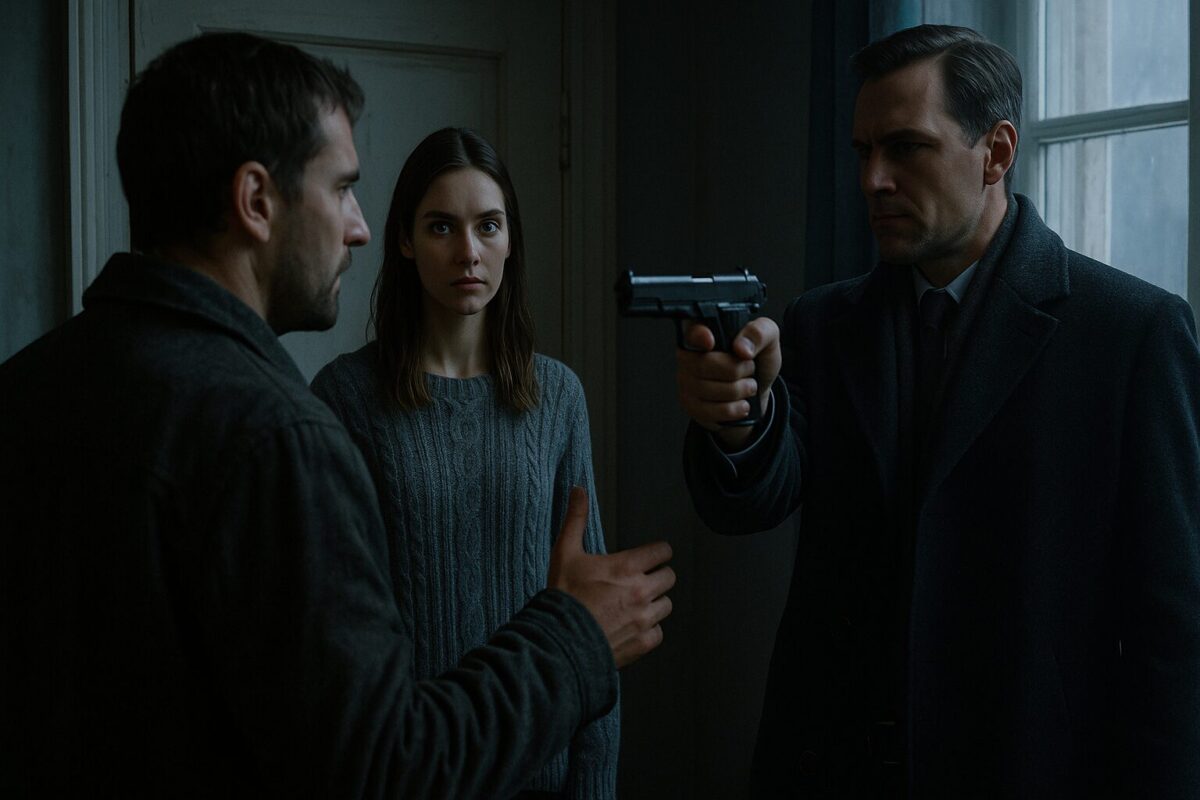 Напряжённая сцена противостояния: женщина у двери, мужчина с пистолетом, защитник между ними в полутёмной комнате