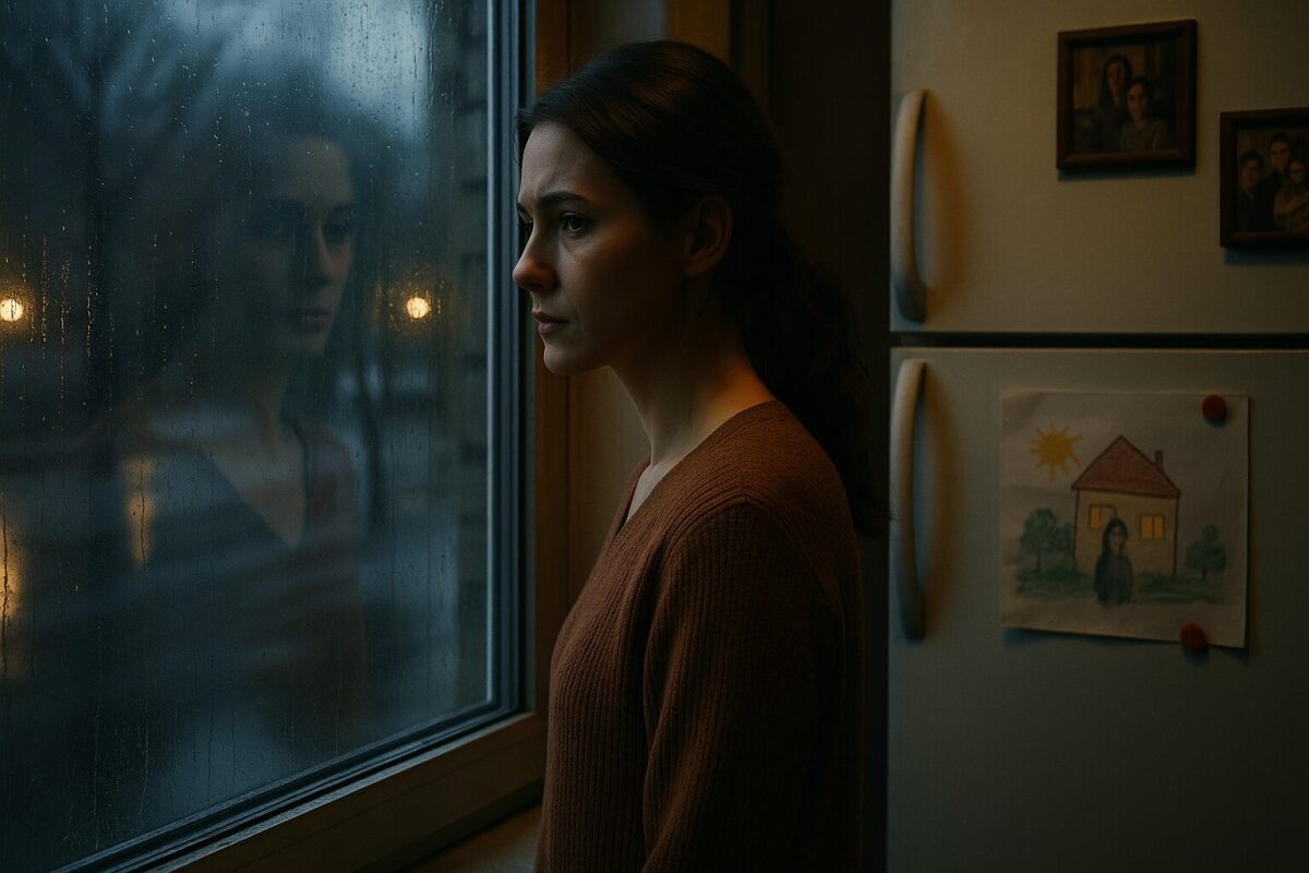 Женщина у окна в тёплой квартире смотрит в осенние сумерки, позади неё — детские рисунки и семейные фотографии