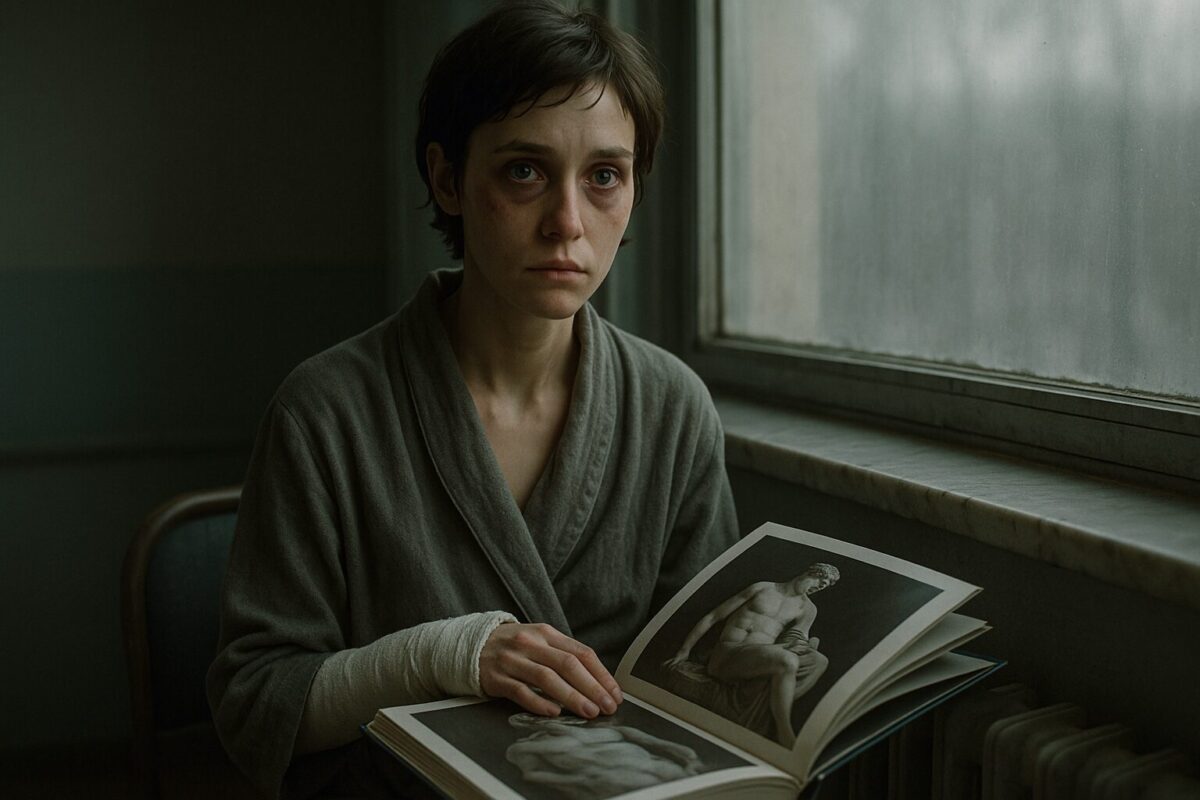 Женщина с амнезией сидит у больничного окна с альбомом искусства, выбирая себе новое имя